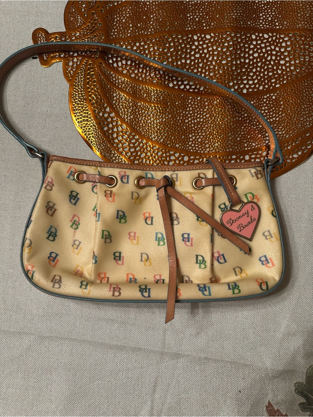 Dooney & Bourke Cream Multicolor DB Logo Shoulder Bag with Brown Trim